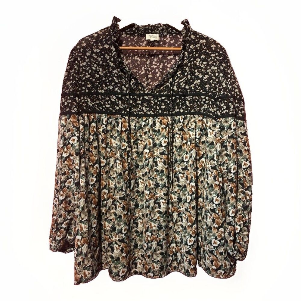 Ava James 3X Floral Blouse Womens Plus Boho Sheer Ruffle Tie Neck Long Sleeve